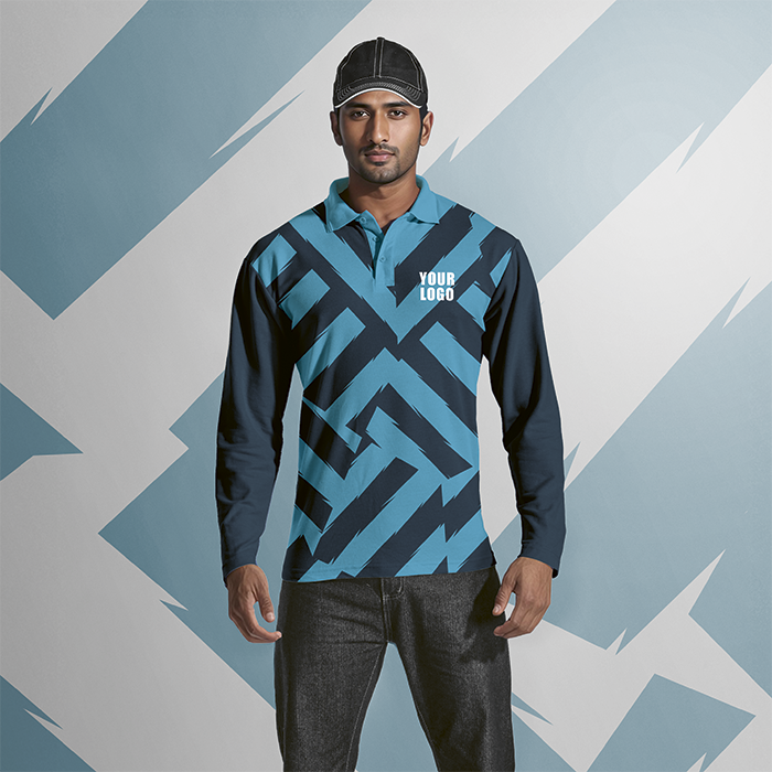 Male model wearing a blue and black sublimated sports jersey.
