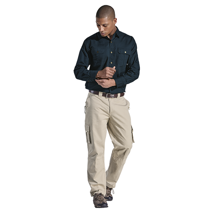 Male model wearing branded corporate apparel with beige trousers.
