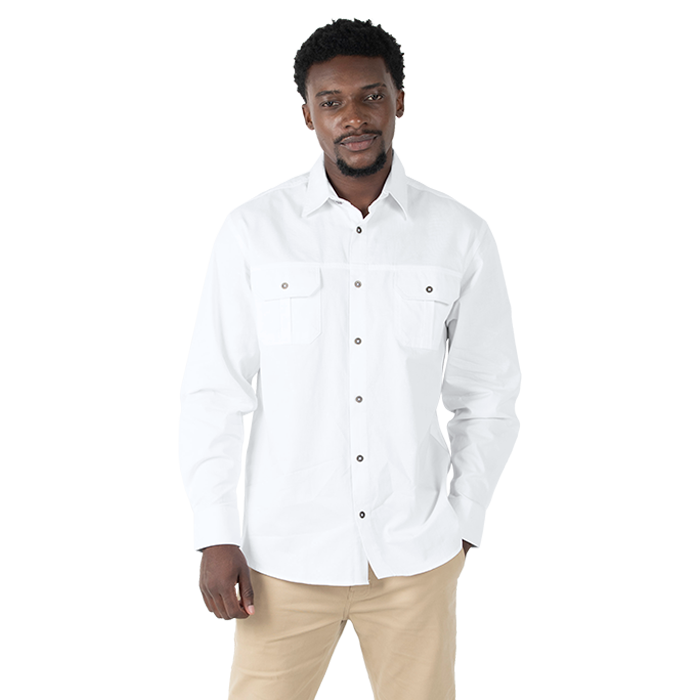 Male model wearing a white long-sleeve corporate work shirt.
