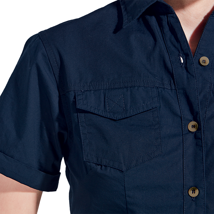 Close-up of navy uniform shirt buttons and collar.