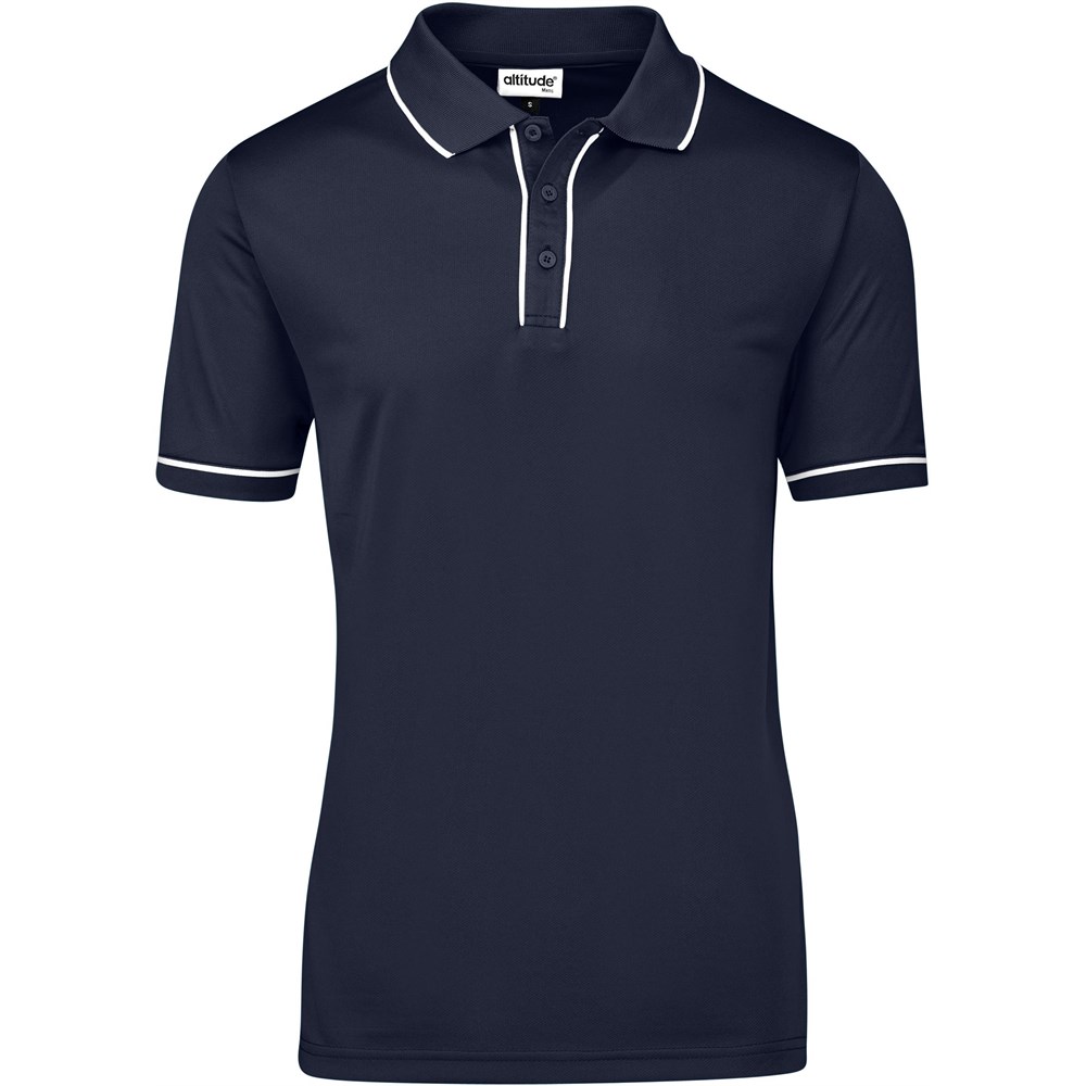 Navy branded polo shirt with contrast piping.