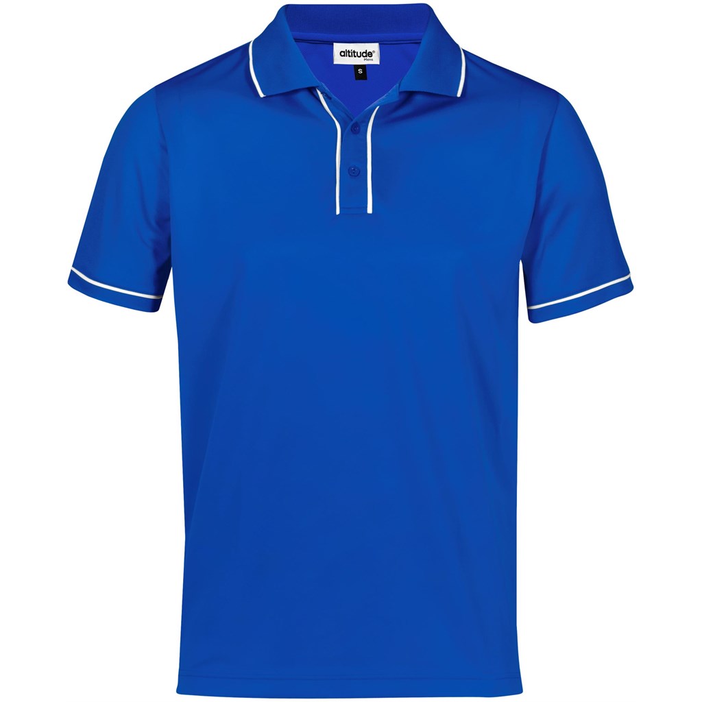 Royal blue branded polo shirt with contrast piping.