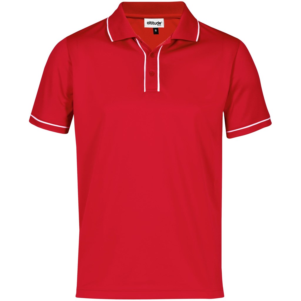 Red branded polo shirt with contrast piping.