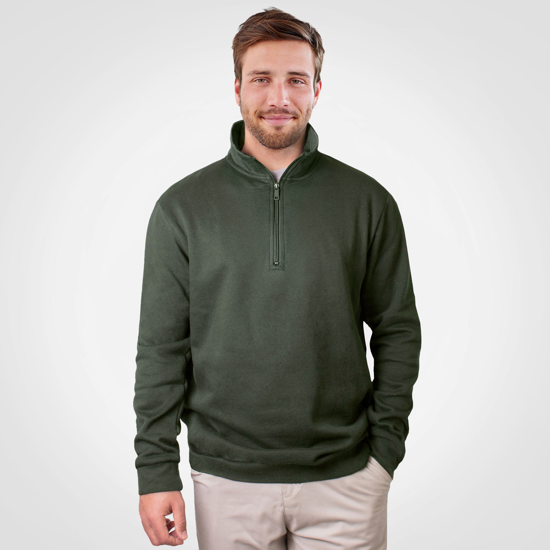 Male model wearing an olive green knit pullover.