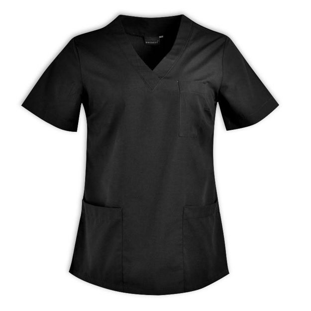 Black short-sleeve healthcare scrub top.