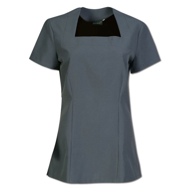 Grey women’s scrub top for healthcare uniforms.