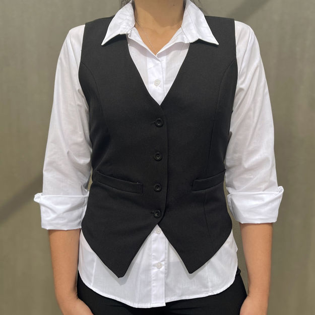 Female model wearing a black professional waistcoat.