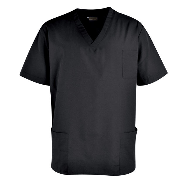Black V-neck healthcare scrub top.