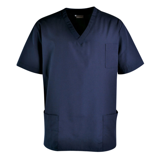 Navy V-neck healthcare scrub top.