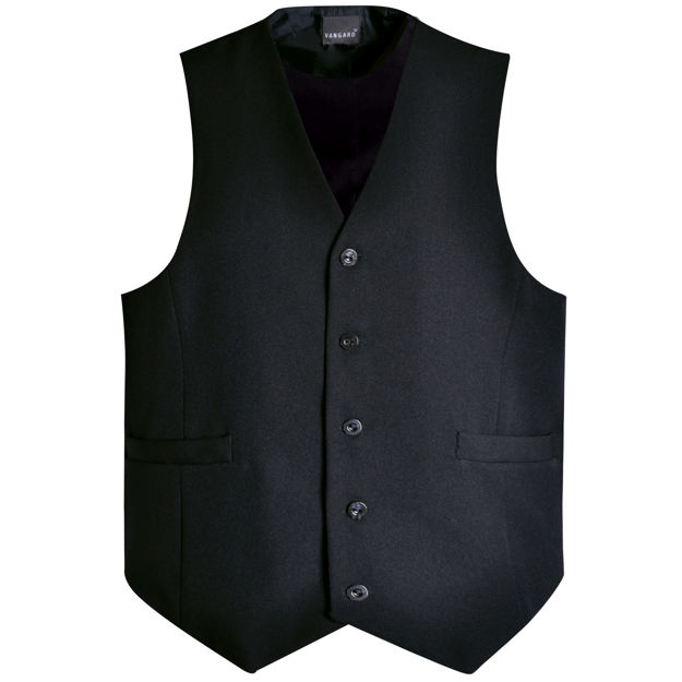 Black men’s waistcoat shown from the front.