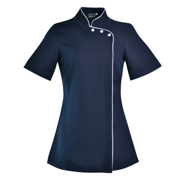 Navy women’s scrub top with white piping.