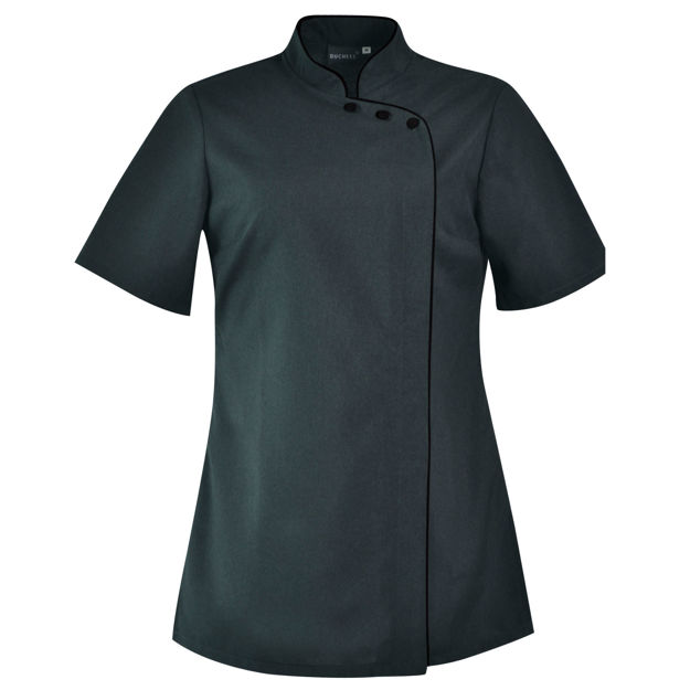 Dark green women’s scrub top with white piping.