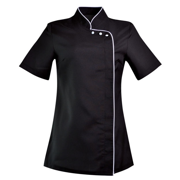 Black women’s scrub top with white piping.