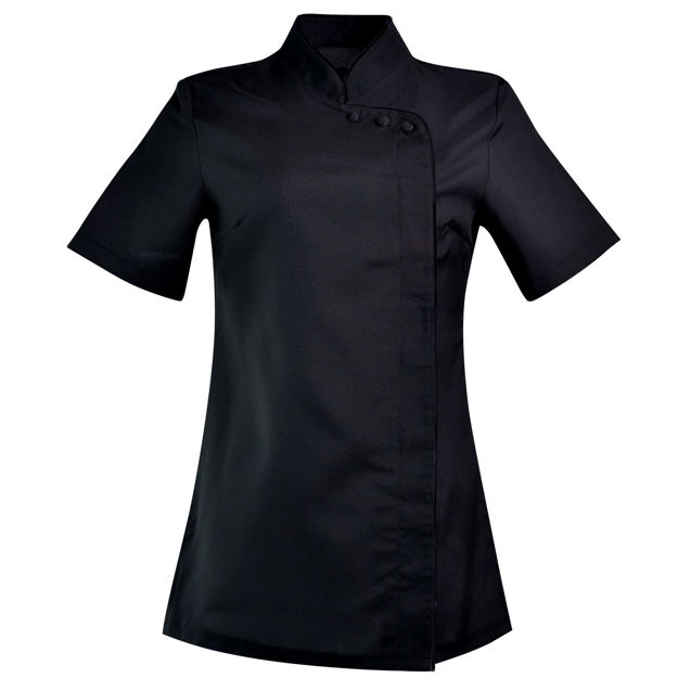 Black women’s scrub top with contrast piping.
