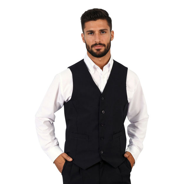 Male model wearing a black professional waistcoat.