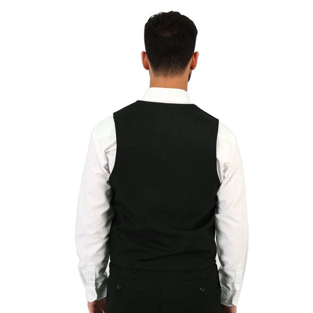 Male model wearing a black waistcoat over a white shirt.