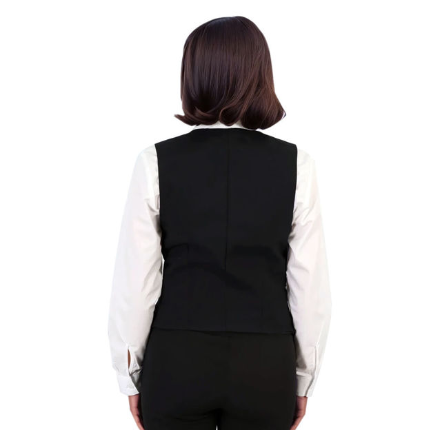 Female model wearing a black waistcoat shown from the back.