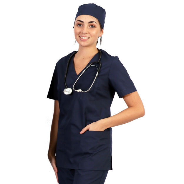 Female model wearing navy scrubs with matching theatre cap.