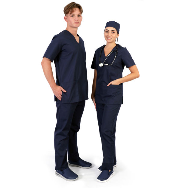 Male and female models wearing navy medical scrub uniforms.