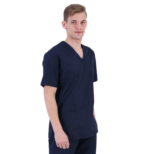 Male model wearing navy medical scrubs shown from the front.