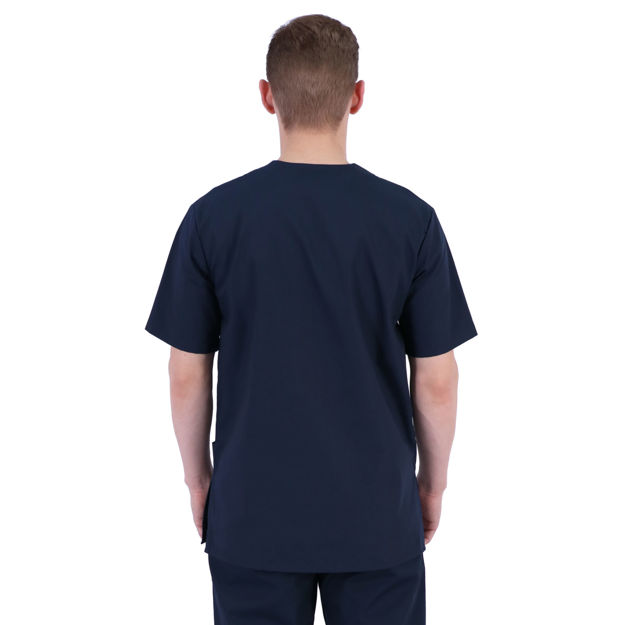 Male model wearing navy scrubs shown from the back.