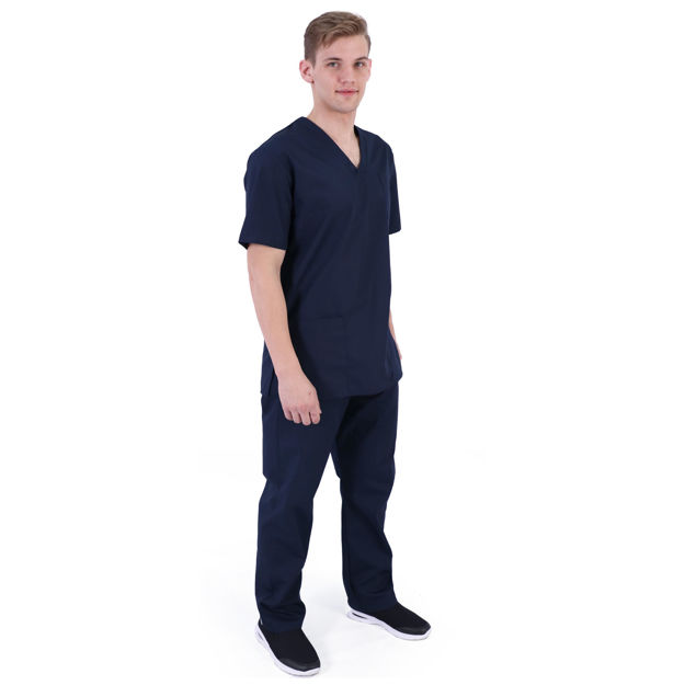 Male model wearing navy healthcare scrubs.