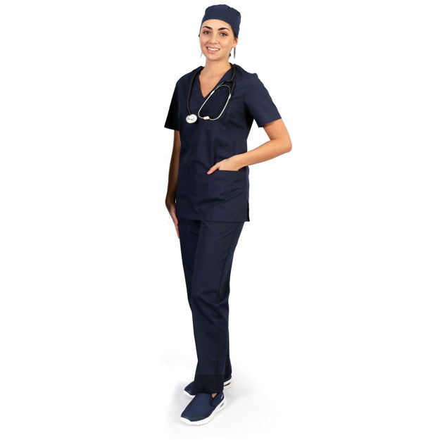 Female model wearing a navy healthcare scrub set.