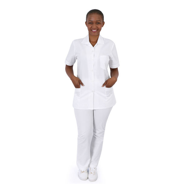 Female model wearing a white healthcare uniform.