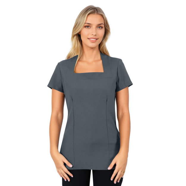 Female model wearing a grey scrub top shown from the front.