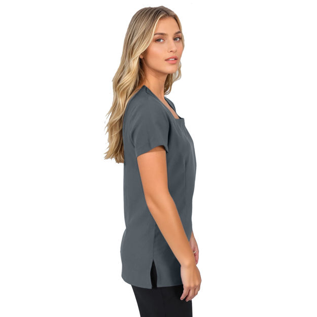 Female model wearing a grey medical scrub top.