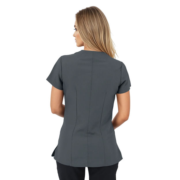 Female model wearing a grey scrub top shown from the back.