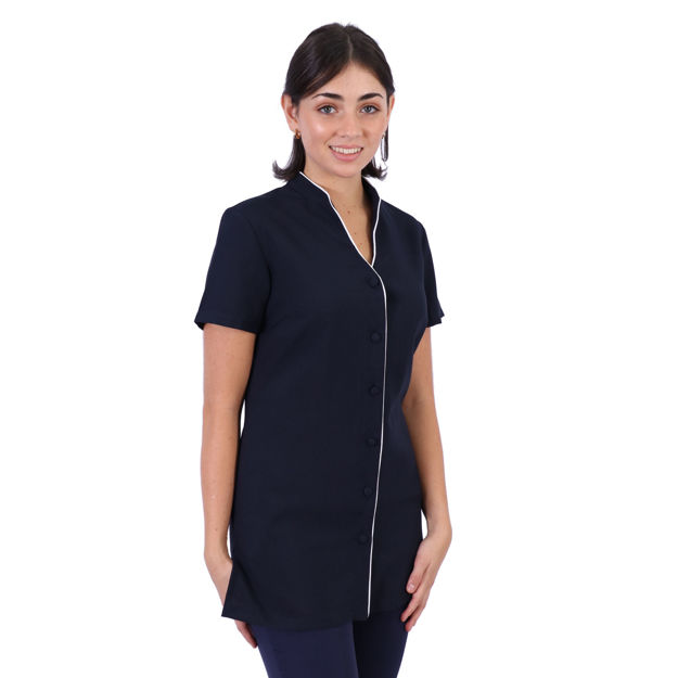 Female model wearing navy medical scrubs.