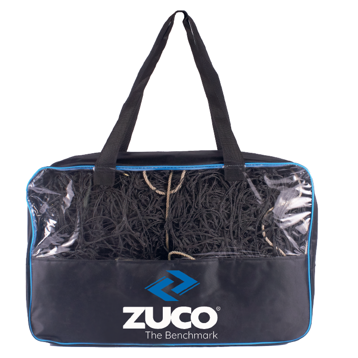 Blue and white sports duffel bag with shoulder straps.