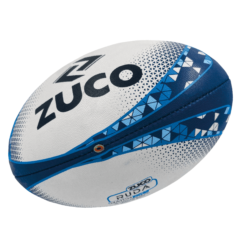 Blue and white Zuco branded rugby ball.