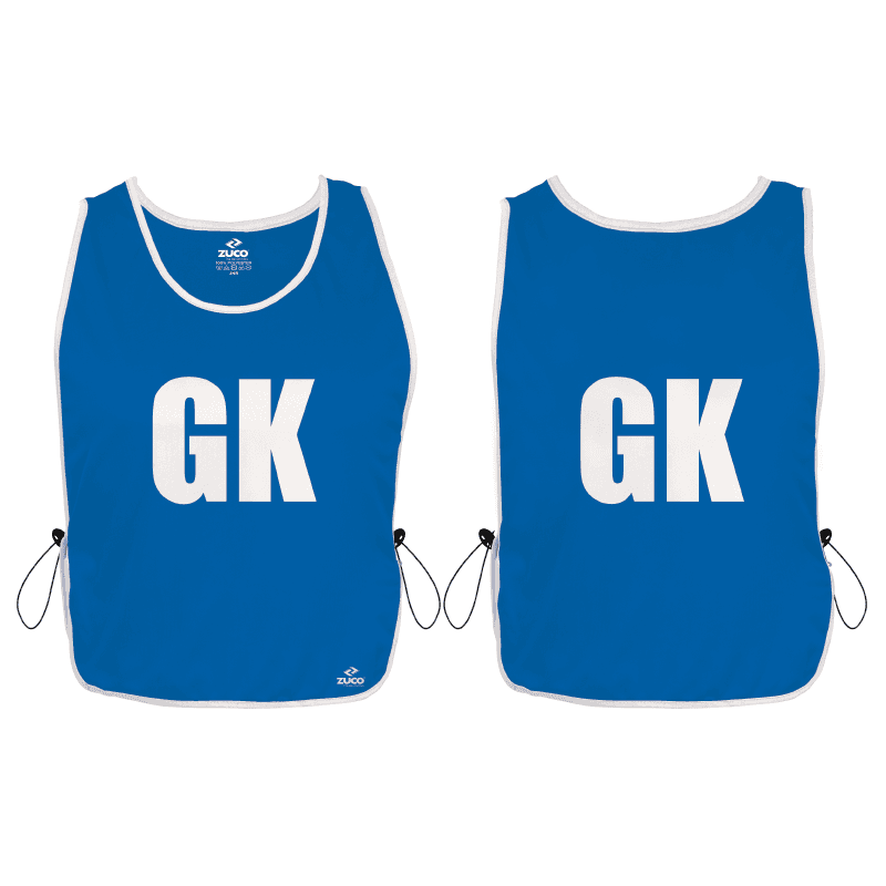 Blue netball bib set with GK position lettering.