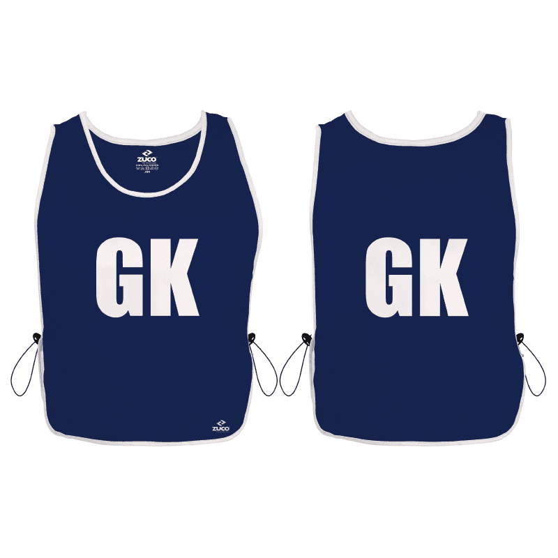 Navy netball bib set with GK position lettering.