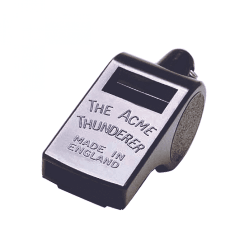 Silver metal referee whistle with engraved branding.