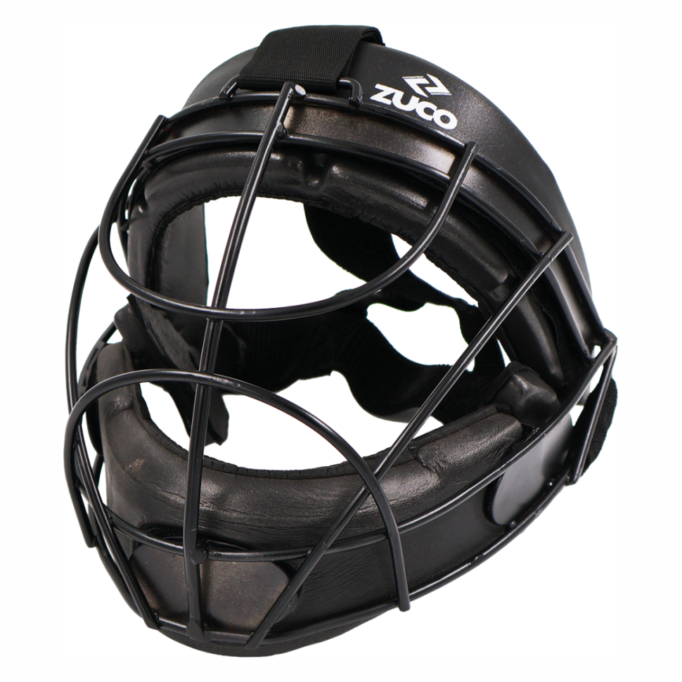 Black protective sports helmet with face cage.