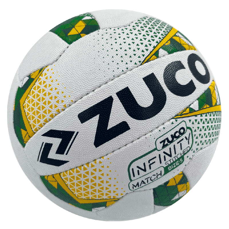 White, green and yellow Zuco branded sports ball.