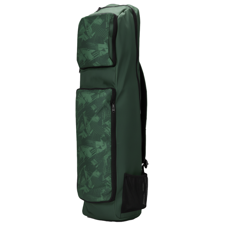 Green vertical sports equipment bag with zip compartments.