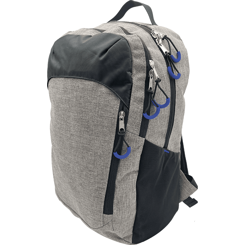 Grey sports backpack with multiple compartments.