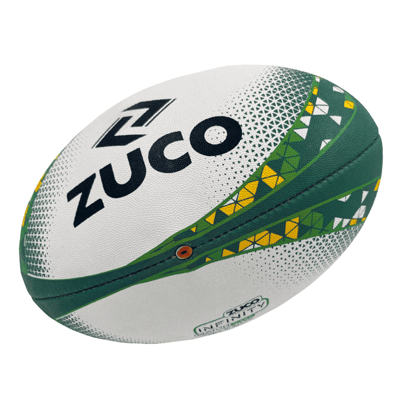 Green and white Zuco branded rugby ball.