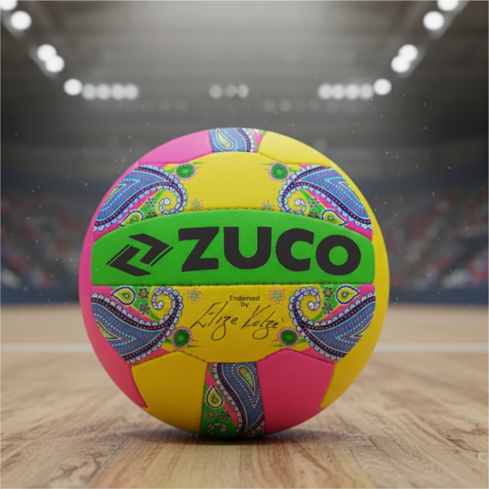 Colourful Zuco branded sports ball displayed in a stadium.