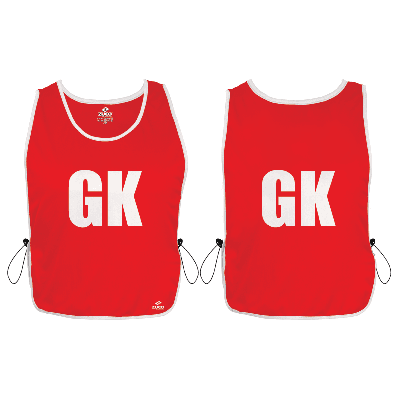 Red netball bib set with GK position lettering.