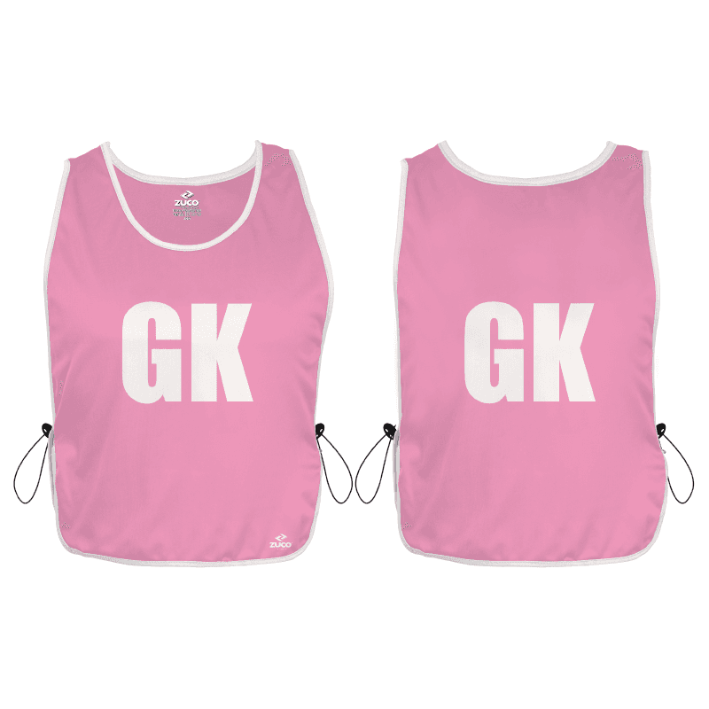 Pink netball bib set with GK position lettering