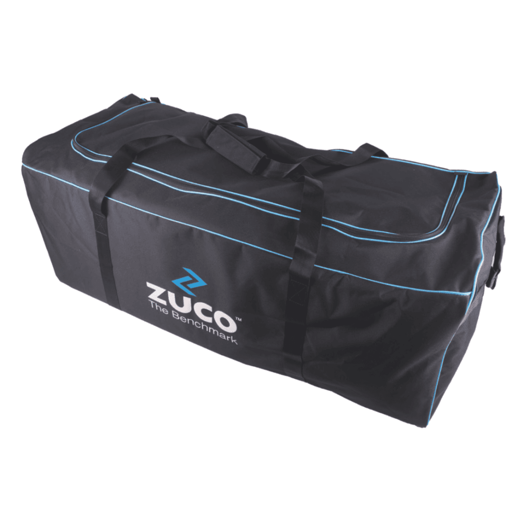 Black sports duffel bag with blue accent stitching.