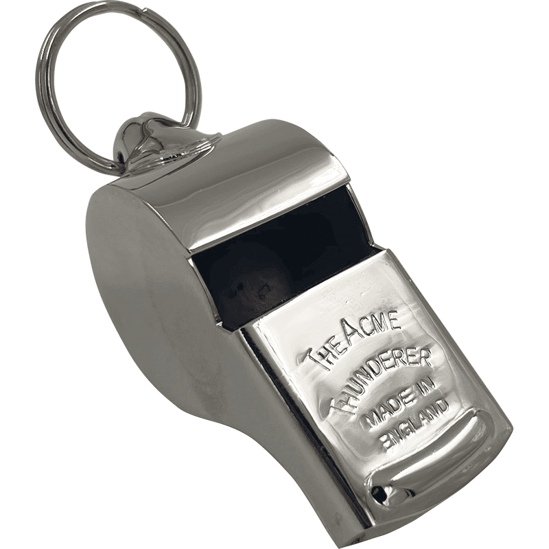 Silver metal referee whistle with keyring attachment.