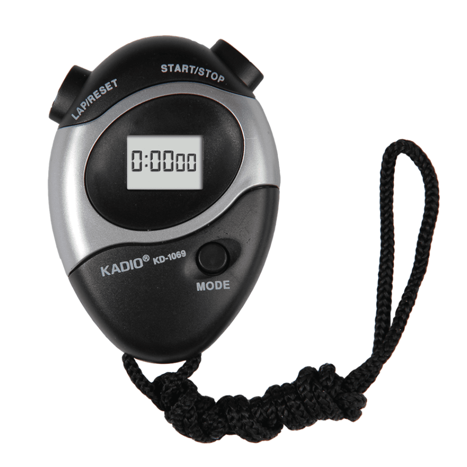 Digital sports stopwatch with black lanyard.