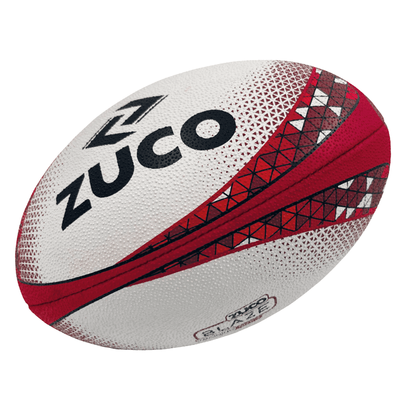 Red and white Zuco branded rugby ball.