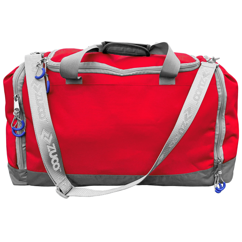 Red sports duffel bag with grey and white detailing.